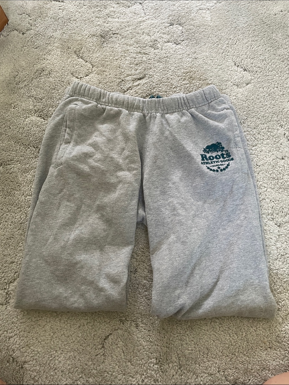 Roots Women’s Light Gray Sweatpants with Teal Logo